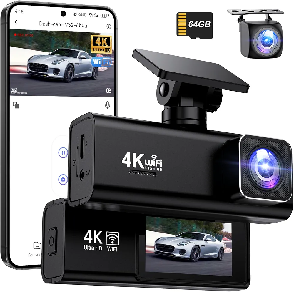 Dash Cam 4K + 1080P, WiFi Dash Cam Front and Rear