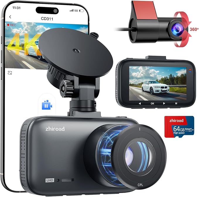 4K Dash Cam Front and Rear with CPL Filter