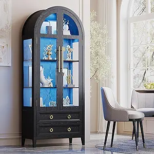 Arched Display Cabinet with Glass Doors, 4-Tier Curio Cabinet