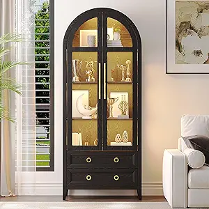 71 Inch Arched Display Cabinet with Glass Doors