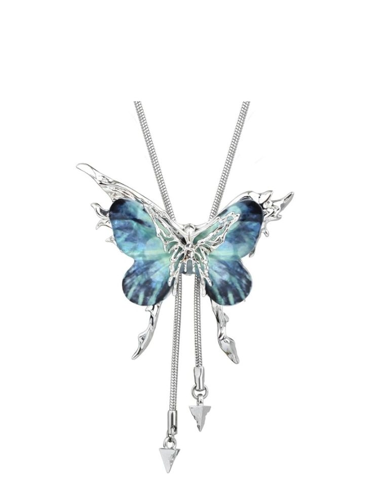 Women’s Blue Butterfly tassel Long Silver necklace