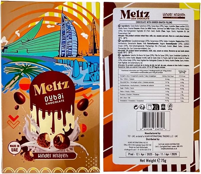  Meltz Dubai Pistachio Cream Chocolate Bar with Kunafa & Knafeh