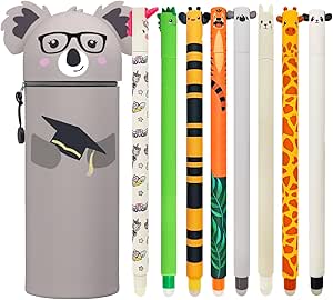 Set of 8 Erasable Gel Pens with 2 in 1 Silicone Pencil Case