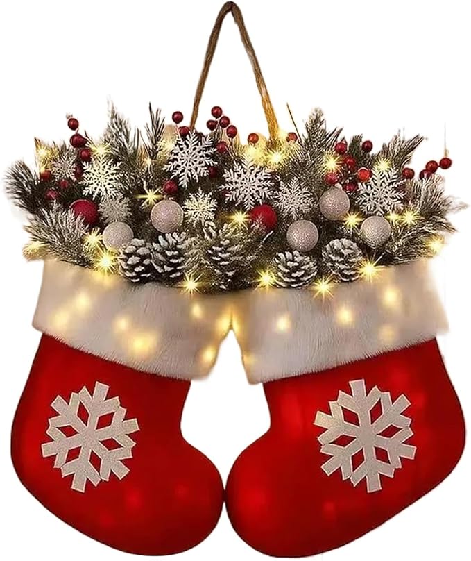 Twinkling Christmas Mitten Wreath with LED Lights